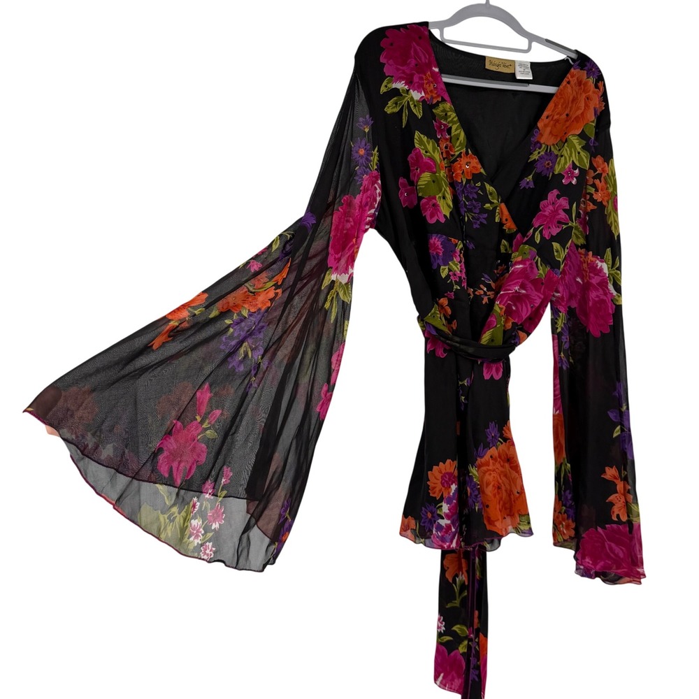 Midnight Velvet Floral Mesh Wrap Top 2X Bell Sleeve Whimsigoth Beaded Sheer